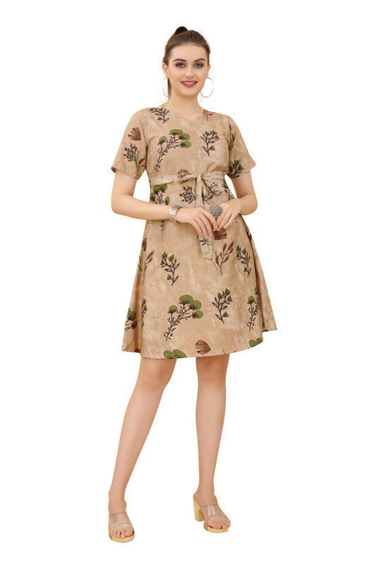 Beige & Multi Coloured Premium Crepe Printed Short Sleeves Round Neck Women Daily wear Western Dress!!