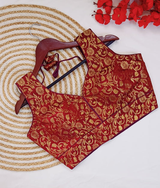 Maroon Coloured Banarasi Silk Woman Designer Beautiful Short Sleeves Ready made Blouse - 38 Size Fits Up to 40 Inch!!