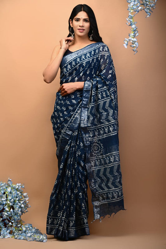 Blue & Off White Coloured Exclusive Hand Block printed Women Daily/Party wear Linen Cotton Saree with Blouse!!