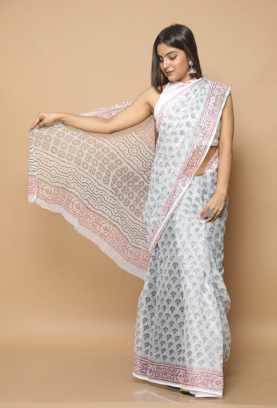 White & Black Coloured Kota Doria Hand Block Printed Cotton Saree with Blouse!!