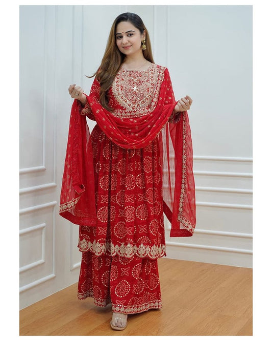 Red Coloured Rayon with Embroidery Mirror Work Women Designer Party Anarkali Gown Kurti with Sharara & Dupatta!!