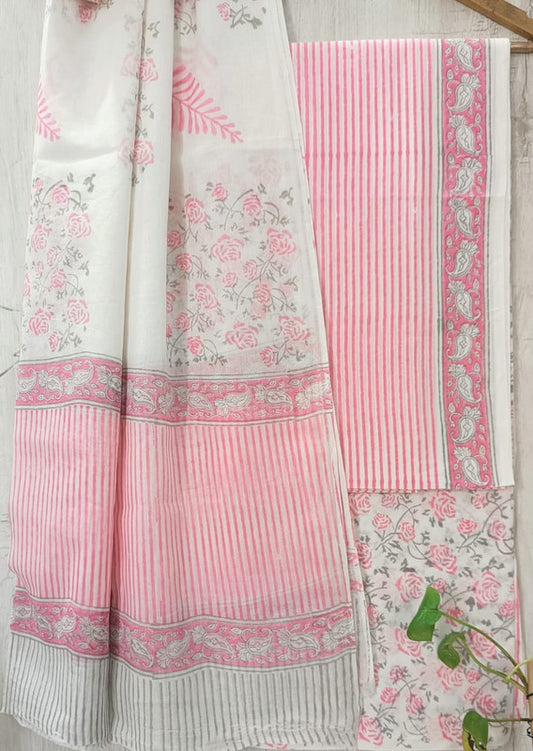 Light Pink & White Coloured Unstitched Pure Cotton Hand Block Printed Women Party/Daily wear Dress Material Suit- Top with Bottom & Cotton Dupatta!!