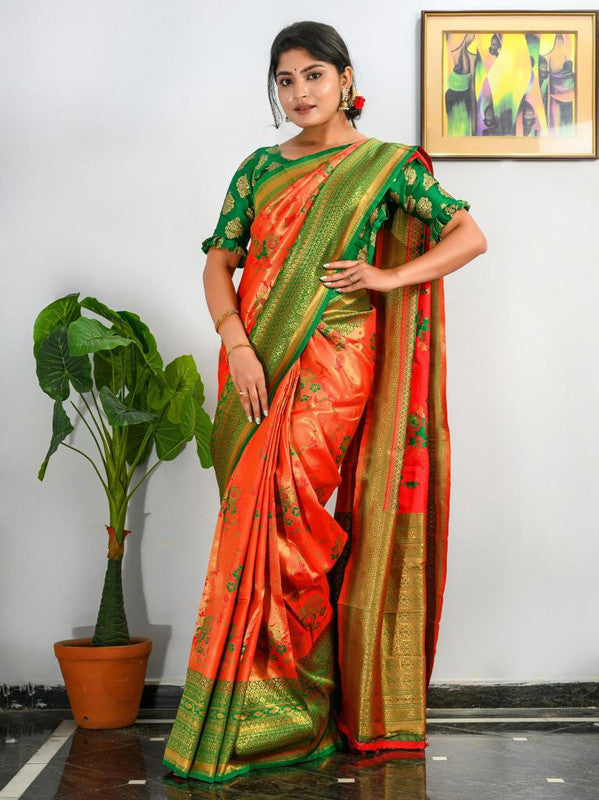 Orange & Green Coloured Antique Weaving Heavy Golden Contrast Big Border Women Designer Party wear Pure Soft Kanjivaram Silk Saree with Blouse!!