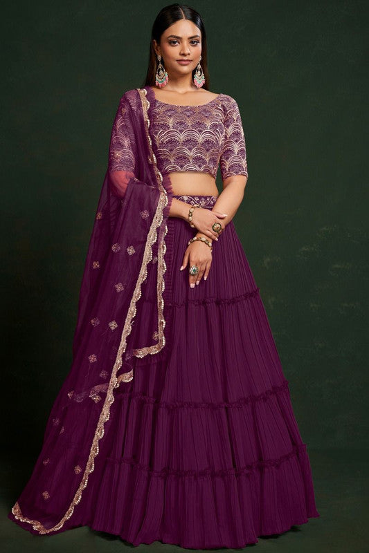 Wine Coloured Faux Georgette Thread & Sequence Embroidery Work Woman Designer Party wear Bridal Lehenga Choli with Dupatta Set!!
