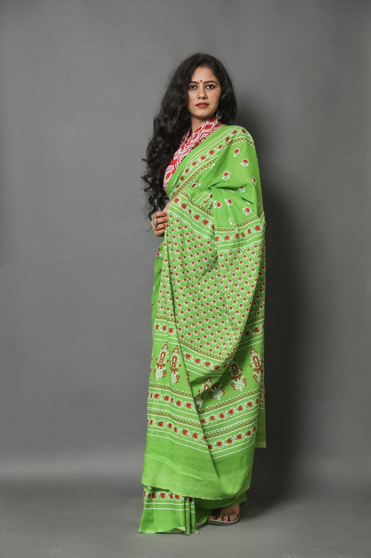 Parrot Green & Red Coloured Beautiful Hand Block printed Women Daily/Party wear Pure Mul Cotton Saree with Blouse!!