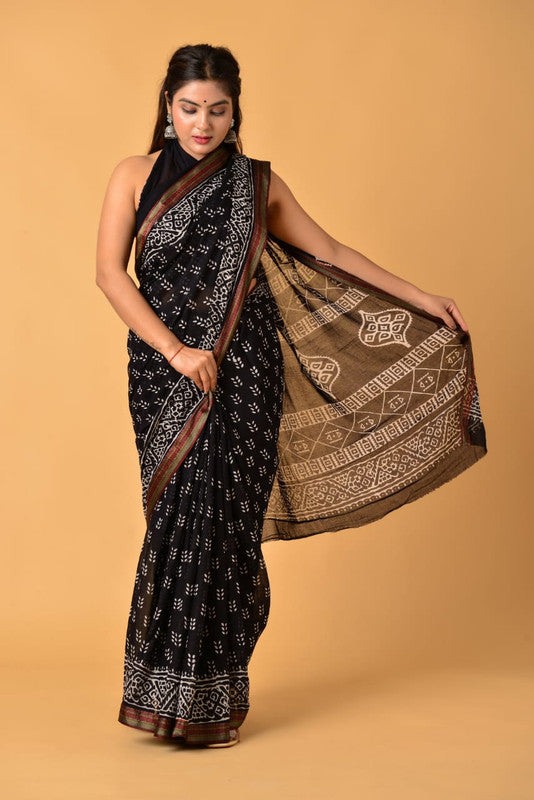 Black & Multi Coloured Pure Cotton with Beautiful Hand Block Printed Women Party/Daily wear Designer Cotton Saree with Blouse!!