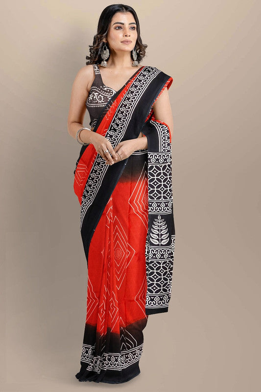 Red & Black Coloured Premium Mul Mul Cotton Beautiful Hand Block printed Women Daily/Party wear Saree with Blouse!!