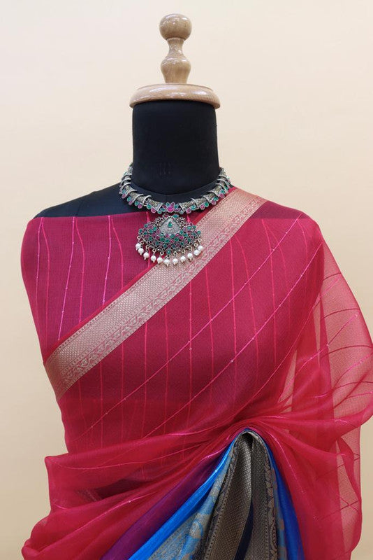 Dark Pink & Blue Coloured Soft pure Kora Khadi Organza Silk Jacquard weaving border with chit pallu Women Party wear Silk Saree with Blouse!!