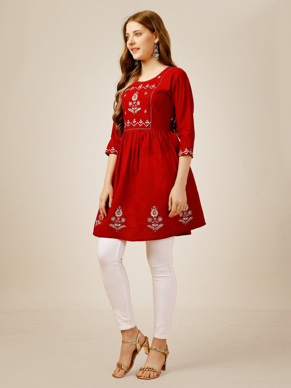 Red Coloured Premium Rayon with Embroidery & Sequence Work Round Neck 3/4 Sleeves work Women Party/Daily wear Western Top!!