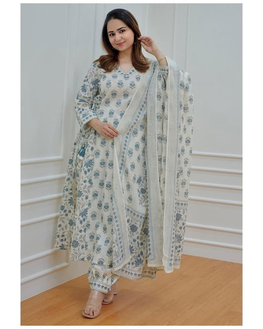 White & Grey Coloured Soft Rayon Floral Print with Finest Embroidery V Neck Full Sleeves Women Designer Party/Daily wear Afghani Suit set- Top with Bottom & Dupatta!!