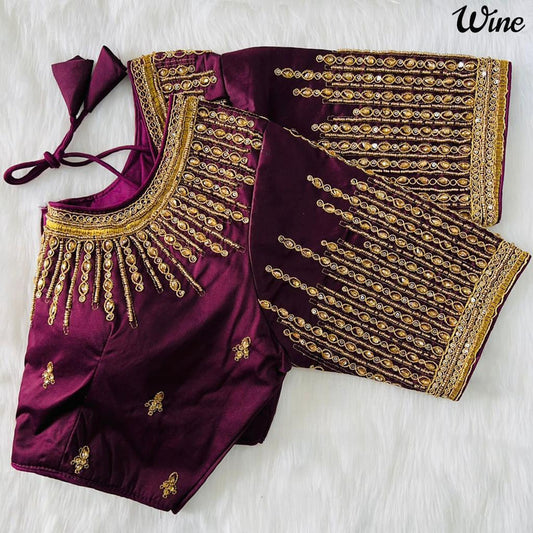 Wine Coloured fentam Silk Coding Jari & Khatli Hand work Woman Ready made Botique Style Designe Blouse- Free Size Up to 40 Inch!!