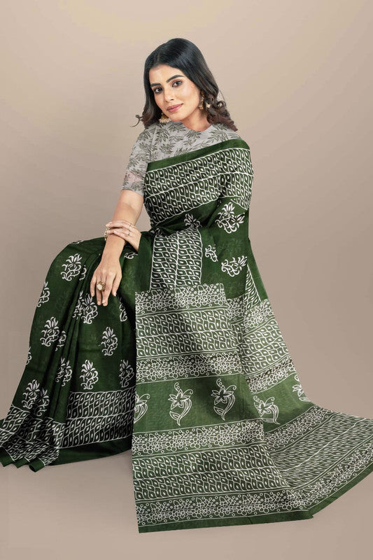 Dark Green & White Coloured Premium Mul Mul Cotton Beautiful Hand Block printed Women Daily/Party wear Saree with Blouse!!