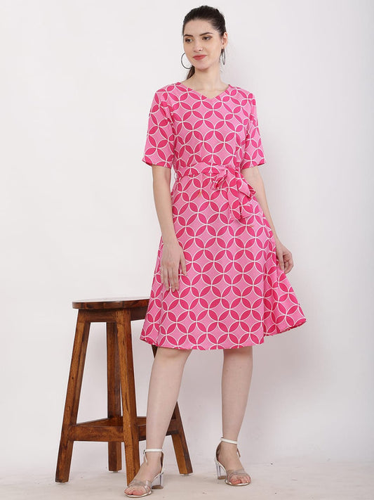 Pink Coloured Premium Crepe Printed Western Dress with Belt!!