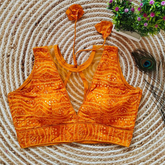 Orange Coloured Premium Rayon Cotton with Foil Print & Net Woman Ready made Designer fancy Blouse- Free Size Up to 40 Inch!!