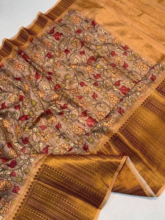 Gold & Multi Coloured Pure Cotton Linen with Kalamkari prints & 10 inch Jacquard weaving border with Chitt pallu Women Party wear Silk Saree with Blouse!!