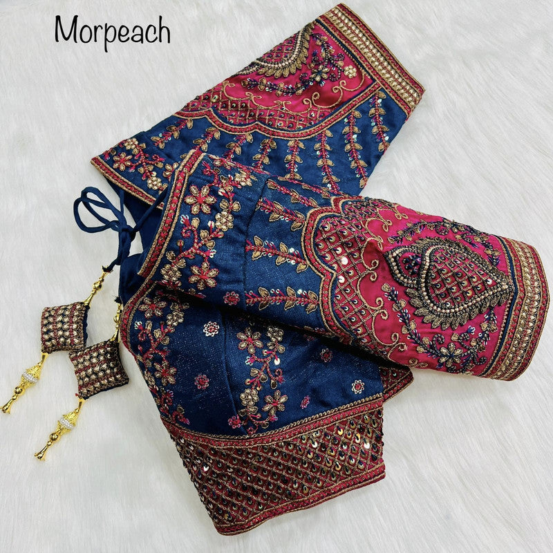 Morpeach Coloured Milan Silk Copper Jari With 4 Sequence Heavy Embroidery Work Ready Made Wedding Blouse!!