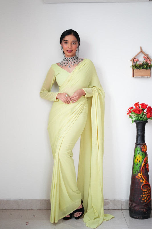 Light Pista Green Coloured Premium Georgette Solid Print Women Designer Party wear Beautiful Ready to Wear Saree with Blouse!!