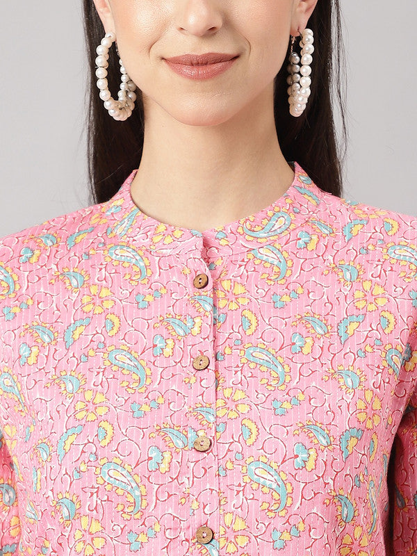 Pink & Multi Coloured Pure Cotton Floral Printed Mandarin Collar Thread Work Straight Shape Short roll-up sleeves Women Designer Party/Daily wear Kurti!!