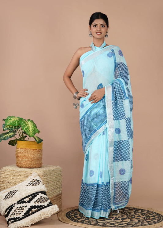 LINEN COTTON HAND PRINTED  SAREE WITH TAUSSAL