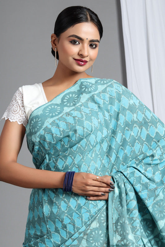 Light Green & Sky Blue Coloured Pure Cotton Beautiful Hand Block printed Women Daily/Party wear Saree with Blouse!!