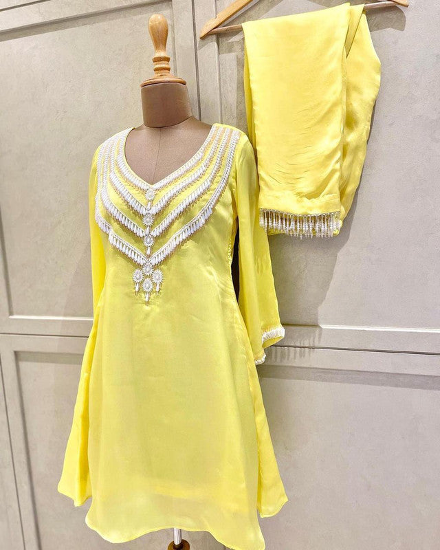 Yellow Coloured Muslin Silk with Heavy Hand work Moti Lace work Women Fully Stitched Designer Party wear Top with Pant & 4 Side Lace Border Dupatta!!