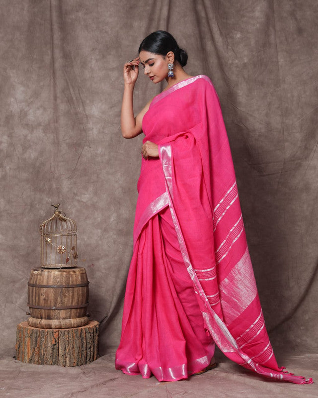 Dark Pink Coloured Linen Cotton with Beautiful Jari Border Women Party/Daily wear Designer Linen Cotton Saree with Blouse!!