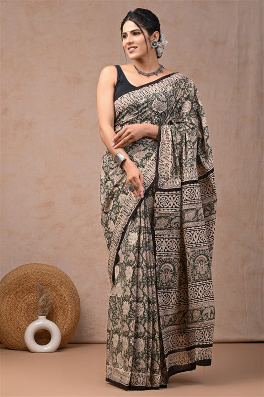 Beige & Green Coloured Hand Block Bagru, Dabu & Batik Dye Print Women Designer Party wear Pure Cotton Saree with Runnin Blouse!!