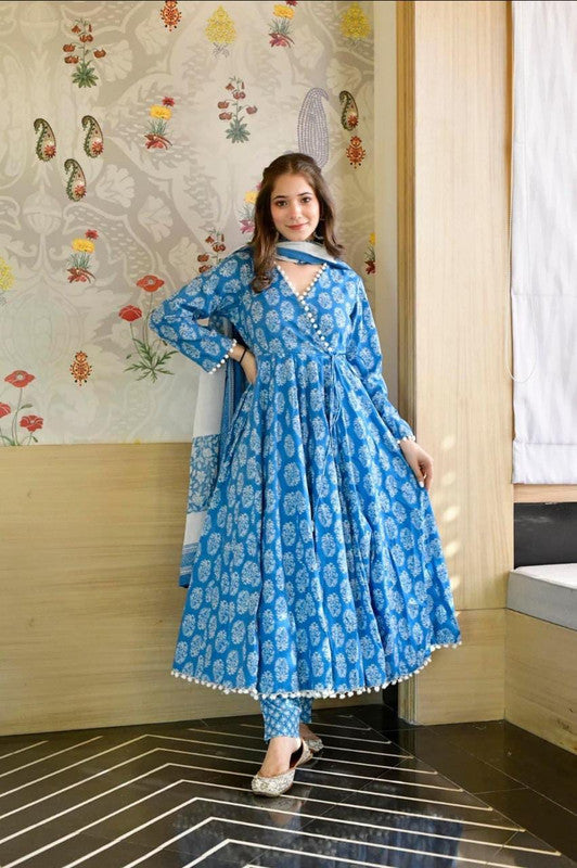 Blue Floral Pompom Suit with Beautiful Print Long Anarkali Kurti Pant with Dupatta!!