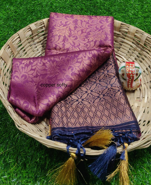 FABULOUS  SOFT SILK SAREE WITH COPPER JARI N CONTRAST BORDER