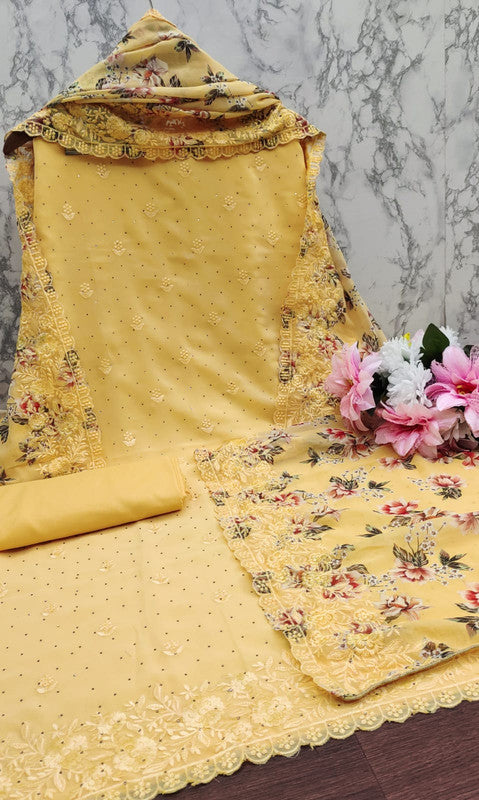 Yellow Coloured Faux Georgette Embroidery & Swarovski Diamond work Dress Material!!