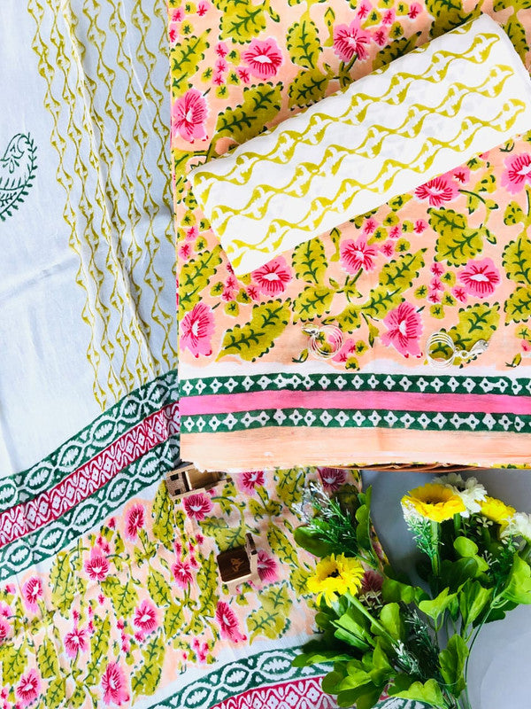 White with Parrot Green & Pink Coloured Cotton Unstitched Hand Block Printed Women Party/Daily wear Dress Material Suit- Top with Bottom & Chiffon Dupatta!!