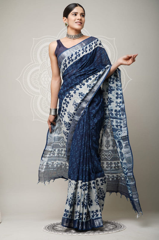 Blue & Multi Coloured Linen Cotton Beautiful Hand Block printed Women Daily/Party wear Saree with Blouse!!