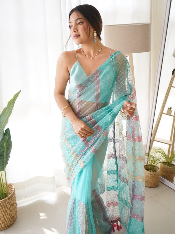 Aqua Blue & Multi Coloured Heavy Butterfly Net with Multy Colour Thread And Sequence Embroidery Work Women Designer Party wear Fancy Net Saree with Blouse!!