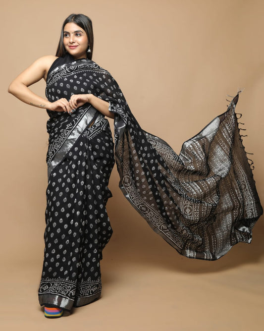 LINEN HAND BLOCK PRINT SAREE