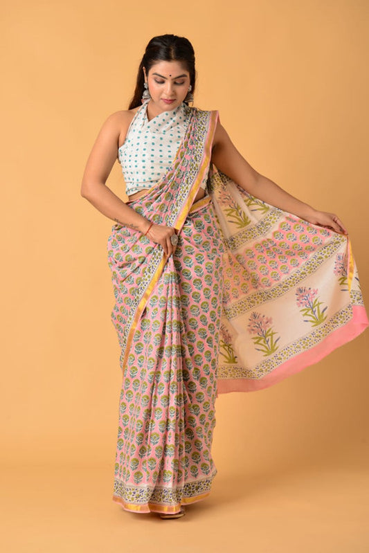 Pink & Multi Coloured Pure Cotton with Beautiful Jari Border Printed Women Party/Daily wear Designer Cotton Saree with Blouse!!