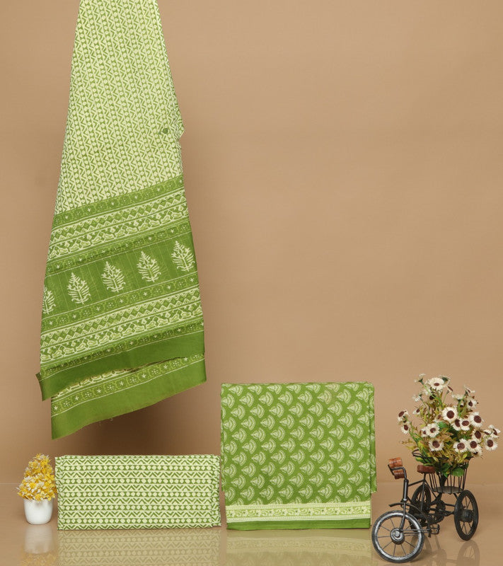 Parrot Green Cotton Hand Printed Dress Material with Salwar & Cotton Dupatta!!