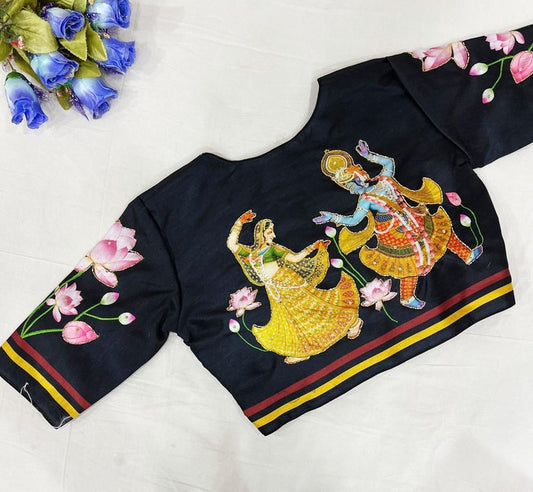 Radha Krishna Black Pure Silk Handmade work Readymade Blouse!!