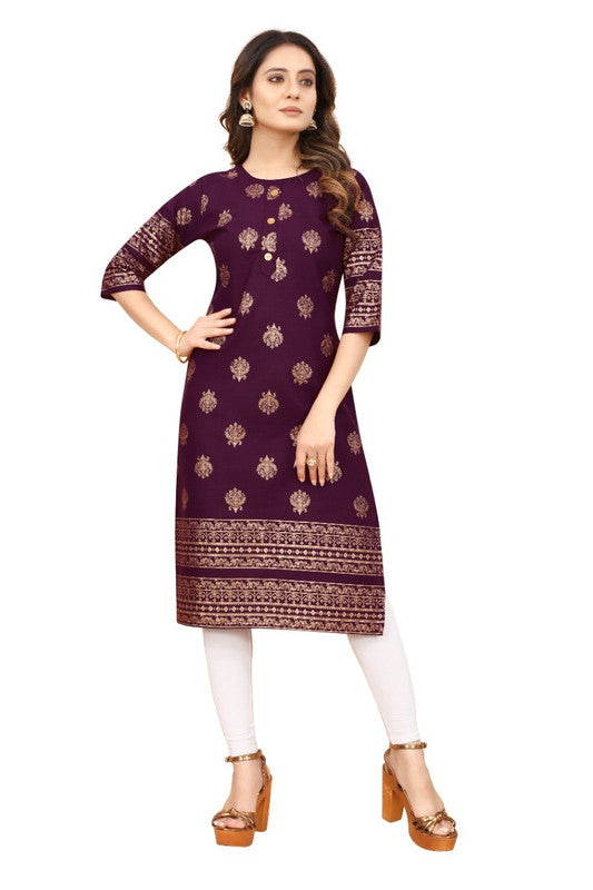 Wine Coloured Cotton Gold Foil Printed 3/4 Sleeves Stright Fit Kurti!!