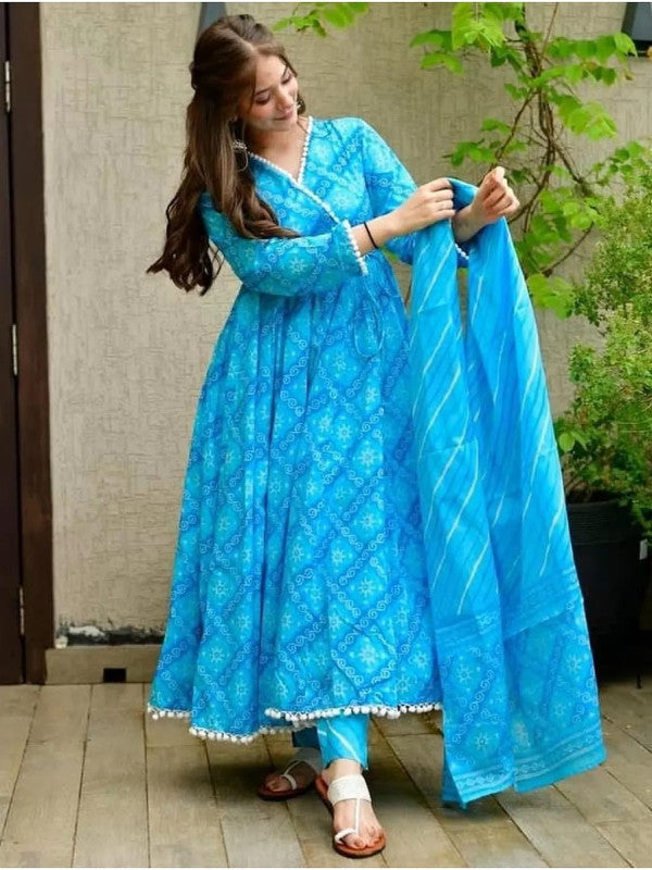 Blue Floral Pompom Suit with Beautiful Print Long Anarkali Kurti Pant with  Dupatta!!