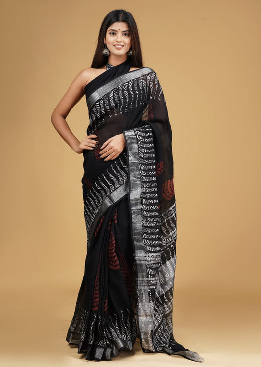 Black Coloured Linen Hand Block Print Saree with Linen Blouse!!