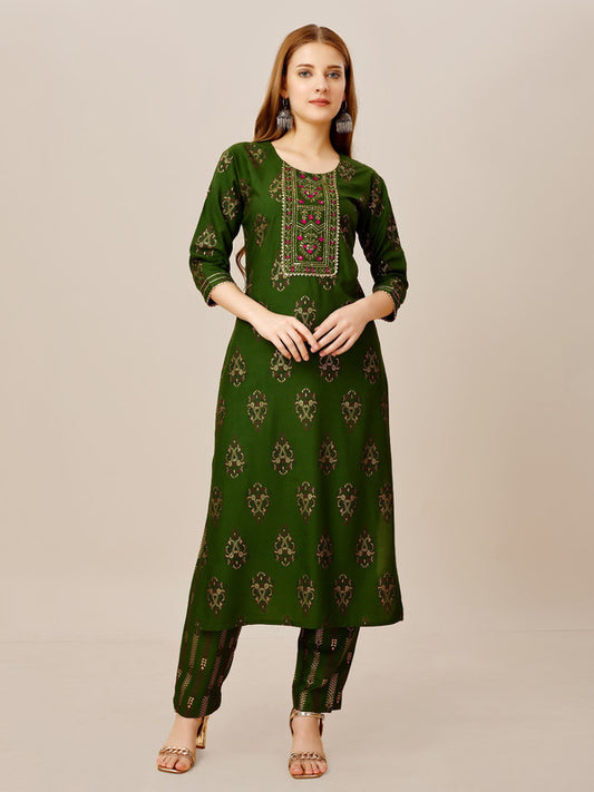 Green & Multi Coloured Heavy Rayon with Embroidery work Women Designer Daily wear Kurti with Pant!!