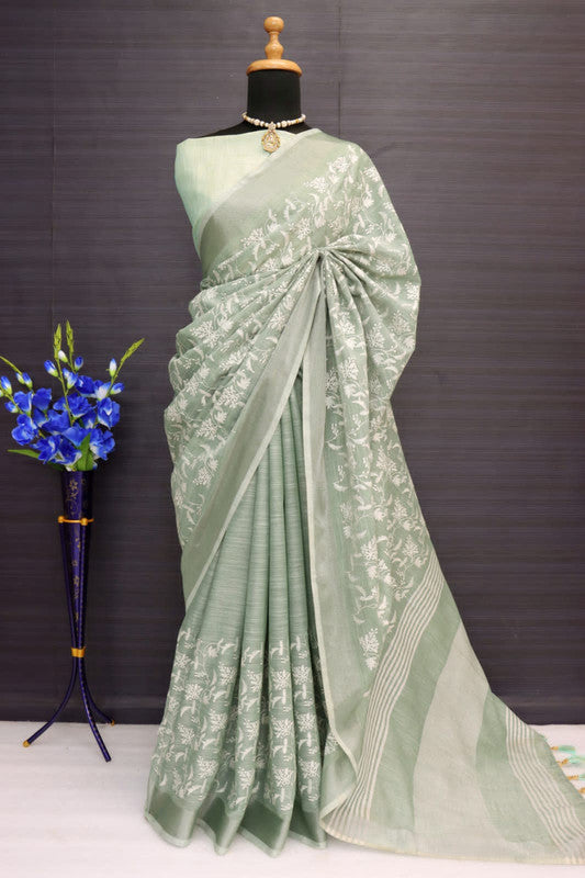 Light Green Coloured Luknawi Chiken Work Handloom Linen Cotton with Fancy Tassels Women Designer Party wear Saree with Blouse!!