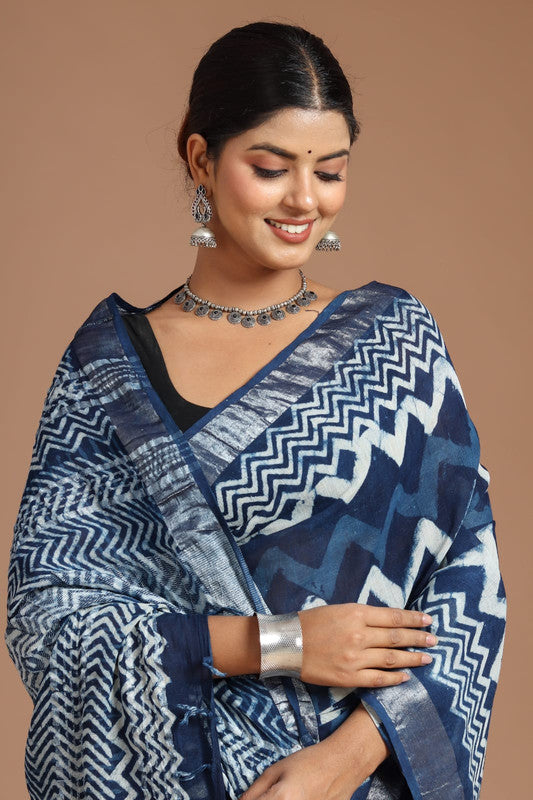 Blue & Multi Coloured Linen Cotton Beautiful Hand Block printed Women Daily/Party wear Saree with Blouse!!