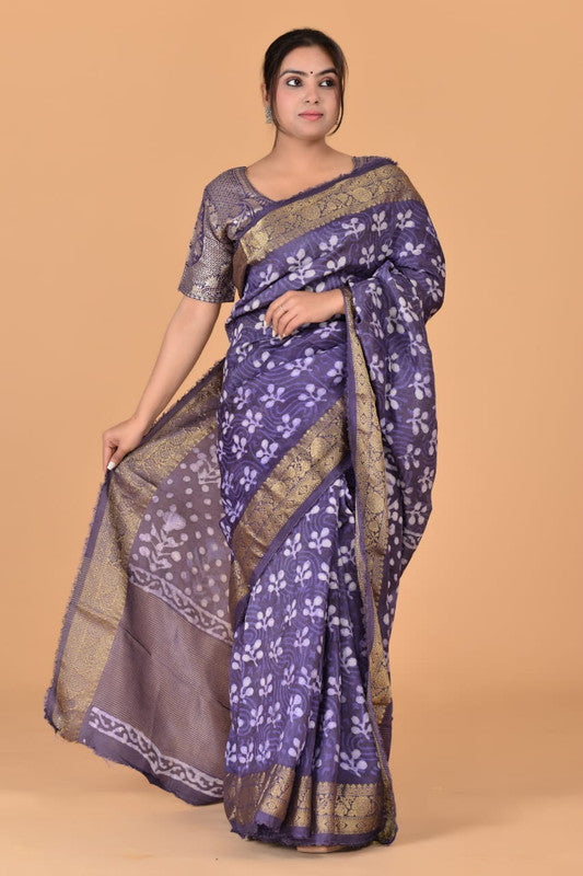 Purple & Multi Coloured Hand Block Printed Silk border Chit Pallu Women Designer Party wear Cotton Silk Saree with Zari Blouse!!