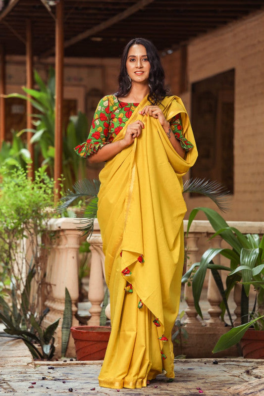 Mustard Yellow Coloured Pure Cotton with Beautiful Jari Border Women Party/Daily wear Designer Cotton Saree with Blouse!!