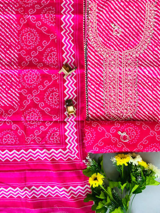 Dark Pink & White Coloured Cotton Unstitched Hand Block Printed Women Party/Daily wear Dress Material Suit- Top with Bottom & Cotton Dupatta!!