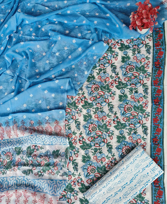 Blue & Multi Coloured Pure Cotton Printed Women Party/Daily wear Dress Material Suit- Top with Bottom & Cotton Dupatta!!