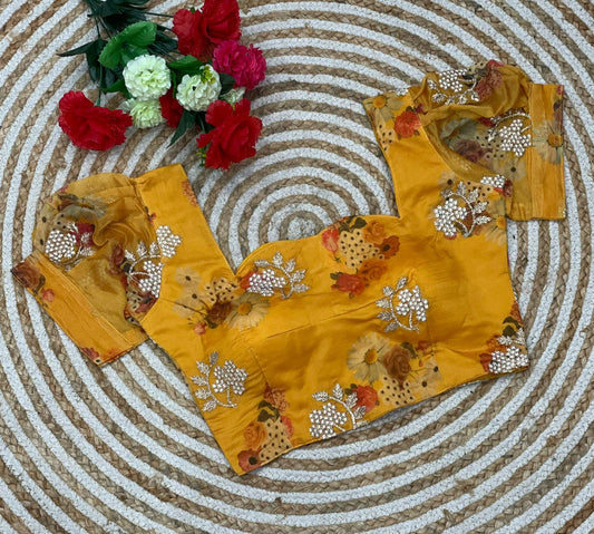 Mustard Yellow Coloured Organza print with Heavy Embroidery Woman Ready made Designer Blouse!!