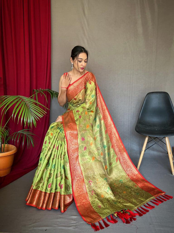 Parrot Green & Multi Coloured Beautiful Meena Work with Elegant Jaal Women Party wear Pure Tissue Silk Saree with Blouse!!