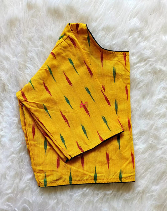 Mustard Yellow & Multi Coloured Pure Cotton with Ikkat Printed & Boat Neck Woman Ready made Designer Blouse- Free Size Up to 38 Inch!!